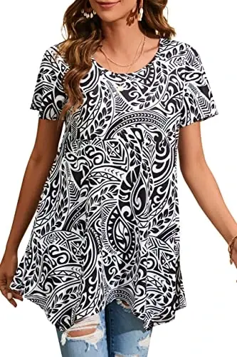 ENMAIN Tunic Tops for Women Plus Size Short Sleeve Top Loose Fit Dressy Casual Swing Summer Tunics Tops to Wear with Leggings - MODAZONE