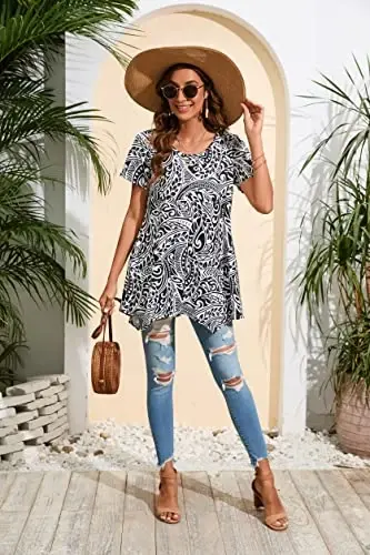 ENMAIN Tunic Tops for Women Plus Size Short Sleeve Top Loose Fit Dressy Casual Swing Summer Tunics Tops to Wear with Leggings - 6