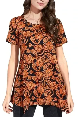 ENMAIN Tunic Tops for Women Plus Size Short Sleeve Top Loose Fit Dressy Casual Swing Summer Tunics Tops to Wear with Leggings - MODAZONE