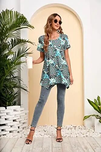 ENMAIN Tunic Tops for Women Plus Size Short Sleeve Top Loose Fit Dressy Casual Swing Summer Tunics Tops to Wear with Leggings - 12