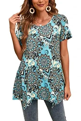 ENMAIN Tunic Tops for Women Plus Size Short Sleeve Top Loose Fit Dressy Casual Swing Summer Tunics Tops to Wear with Leggings 