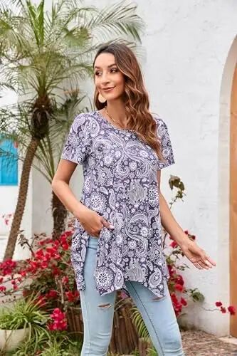 ENMAIN Tunic Tops for Women Plus Size Short Sleeve Top Loose Fit Dressy Casual Swing Summer Tunics Tops to Wear with Leggings - 10