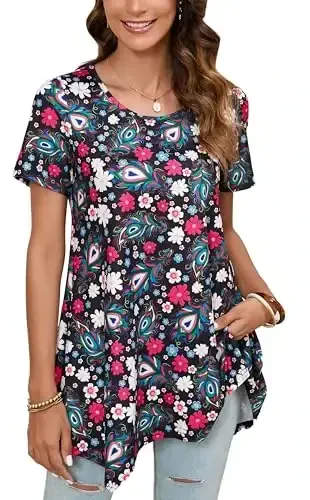 ENMAIN Tunic Tops for Women Plus Size Short Sleeve Top Loose Fit Dressy Casual Swing Summer Tunics Tops to Wear with Leggings - MODAZONE