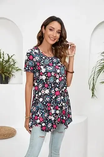 ENMAIN Tunic Tops for Women Plus Size Short Sleeve Top Loose Fit Dressy Casual Swing Summer Tunics Tops to Wear with Leggings - 2