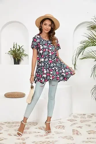 ENMAIN Tunic Tops for Women Plus Size Short Sleeve Top Loose Fit Dressy Casual Swing Summer Tunics Tops to Wear with Leggings - 6