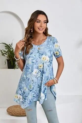 ENMAIN Tunic Tops for Women Plus Size Short Sleeve Top Loose Fit Dressy Casual Swing Summer Tunics Tops to Wear with Leggings - 2