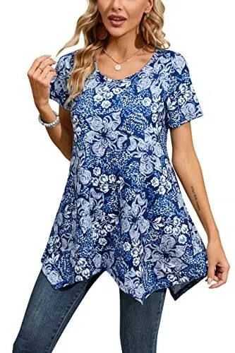 ENMAIN Tunic Tops for Women Plus Size Short Sleeve Top Loose Fit Dressy Casual Swing Summer Tunics Tops to Wear with Leggings 