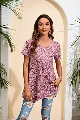 ENMAIN Tunic Tops for Women Plus Size Short Sleeve Top Loose Fit Dressy Casual Swing Summer Tunics Tops to Wear with Leggings - 2