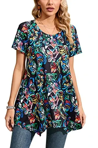 ENMAIN Tunic Tops for Women Plus Size Short Sleeve Top Loose Fit Dressy Casual Swing Summer Tunics Tops to Wear with Leggings - MODAZONE