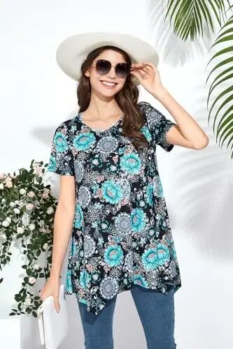 ENMAIN Tunic Tops for Women Plus Size Short Sleeve Top Loose Fit Dressy Casual Swing Summer Tunics Tops to Wear with Leggings - 12