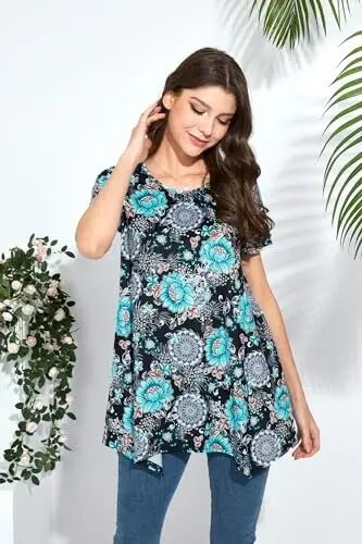ENMAIN Tunic Tops for Women Plus Size Short Sleeve Top Loose Fit Dressy Casual Swing Summer Tunics Tops to Wear with Leggings - 4