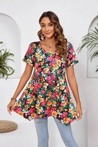 ENMAIN Tunic Tops for Women Plus Size Short Sleeve Top Loose Fit Dressy Casual Swing Summer Tunics Tops to Wear with Leggings - 8