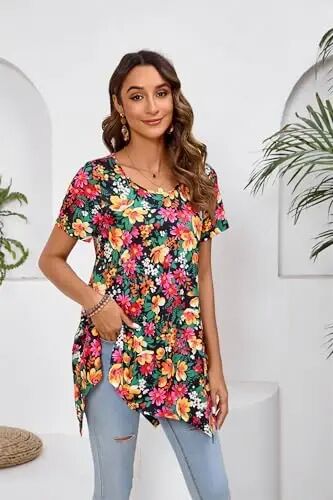 ENMAIN Tunic Tops for Women Plus Size Short Sleeve Top Loose Fit Dressy Casual Swing Summer Tunics Tops to Wear with Leggings - 9