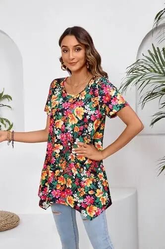 ENMAIN Tunic Tops for Women Plus Size Short Sleeve Top Loose Fit Dressy Casual Swing Summer Tunics Tops to Wear with Leggings - 10