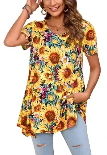 ENMAIN Tunic Tops for Women Plus Size Short Sleeve Top Loose Fit Dressy Casual Swing Summer Tunics Tops to Wear with Leggings 