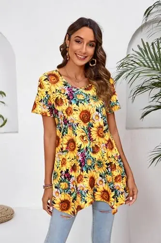 ENMAIN Tunic Tops for Women Plus Size Short Sleeve Top Loose Fit Dressy Casual Swing Summer Tunics Tops to Wear with Leggings - 2