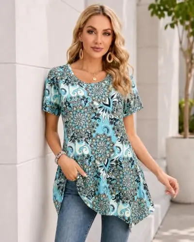 ENMAIN Tunic Tops for Women Plus Size Short Sleeve Top Loose Fit Dressy Casual Swing Summer Tunics Tops to Wear with Leggings - ENMAIN (1)