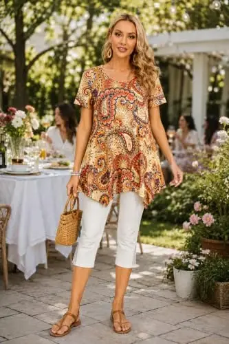 ENMAIN Tunic Tops for Women Plus Size Short Sleeve Top Loose Fit Dressy Casual Swing Summer Tunics Tops to Wear with Leggings - ENMAIN (1)