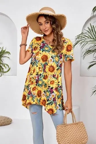 ENMAIN Tunic Tops for Women Plus Size Short Sleeve Top Loose Fit Dressy Casual Swing Summer Tunics Tops to Wear with Leggings - 6