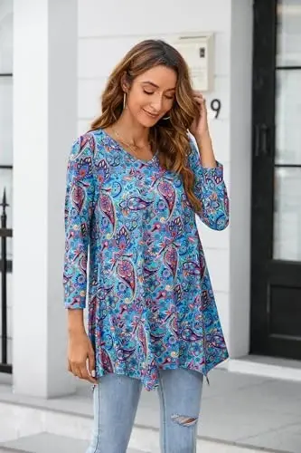 ENMAIN Tunic Tops for Women 3/4 Sleeve Plus Size Women's Tunics Loose Fit Floral Swing Flare Ladies Blouse for Leggings - 3