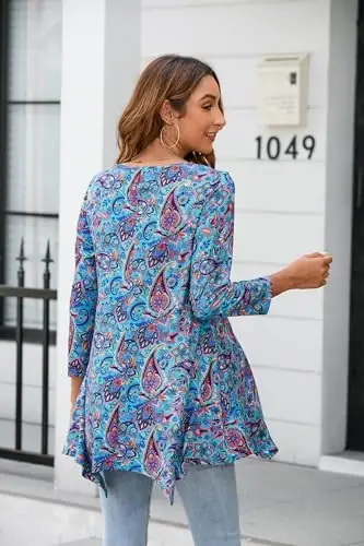 ENMAIN Tunic Tops for Women 3/4 Sleeve Plus Size Women's Tunics Loose Fit Floral Swing Flare Ladies Blouse for Leggings - 2