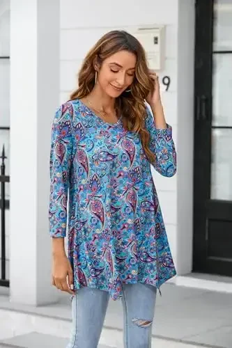ENMAIN Tunic Tops for Women 3/4 Sleeve Plus Size Women's Tunics Loose Fit Floral Swing Flare Ladies Blouse for Leggings - 3