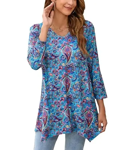 ENMAIN Tunic Tops for Women 3/4 Sleeve Plus Size Women's Tunics Loose Fit Floral Swing Flare Ladies Blouse for Leggings - ENMAIN