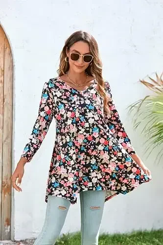 ENMAIN Tunic Tops for Women 3/4 Sleeve Plus Size Women's Tunics Loose Fit Floral Swing Flare Ladies Blouse for Leggings - 2