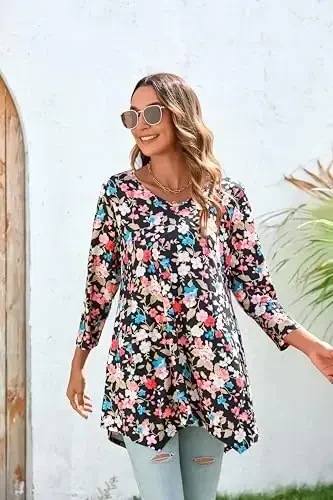 ENMAIN Tunic Tops for Women 3/4 Sleeve Plus Size Women's Tunics Loose Fit Floral Swing Flare Ladies Blouse for Leggings - 5