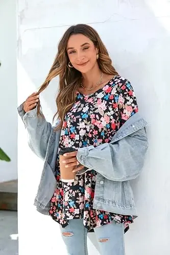ENMAIN Tunic Tops for Women 3/4 Sleeve Plus Size Women's Tunics Loose Fit Floral Swing Flare Ladies Blouse for Leggings - 6