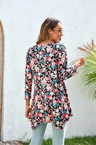 ENMAIN Tunic Tops for Women 3/4 Sleeve Plus Size Women's Tunics Loose Fit Floral Swing Flare Ladies Blouse for Leggings - 3