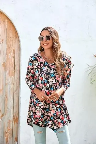 ENMAIN Tunic Tops for Women 3/4 Sleeve Plus Size Women's Tunics Loose Fit Floral Swing Flare Ladies Blouse for Leggings - 4