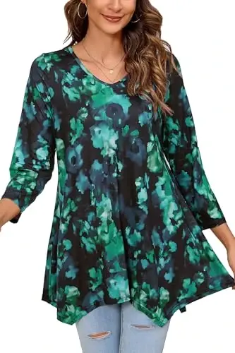 ENMAIN Tunic Tops for Women 3/4 Sleeve Plus Size Women's Tunics Loose Fit Floral Swing Flare Ladies Blouse for Leggings - 1