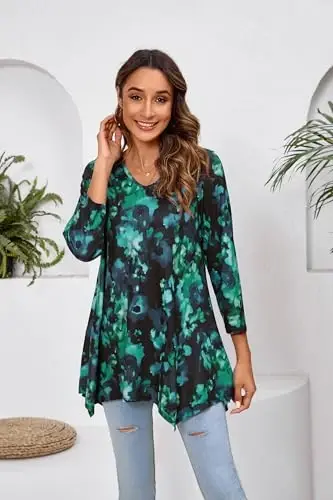 ENMAIN Tunic Tops for Women 3/4 Sleeve Plus Size Women's Tunics Loose Fit Floral Swing Flare Ladies Blouse for Leggings - 3