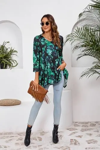 ENMAIN Tunic Tops for Women 3/4 Sleeve Plus Size Women's Tunics Loose Fit Floral Swing Flare Ladies Blouse for Leggings - 6
