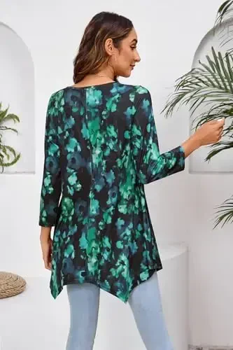 ENMAIN Tunic Tops for Women 3/4 Sleeve Plus Size Women's Tunics Loose Fit Floral Swing Flare Ladies Blouse for Leggings - 2