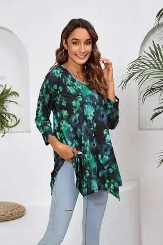 ENMAIN Tunic Tops for Women 3/4 Sleeve Plus Size Women's Tunics Loose Fit Floral Swing Flare Ladies Blouse for Leggings - 4