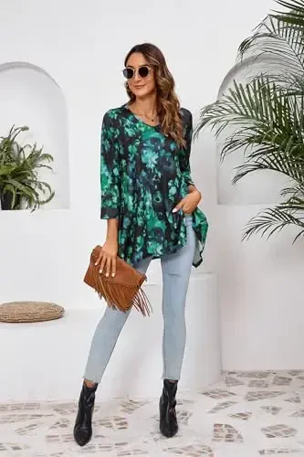 ENMAIN Tunic Tops for Women 3/4 Sleeve Plus Size Women's Tunics Loose Fit Floral Swing Flare Ladies Blouse for Leggings - 6