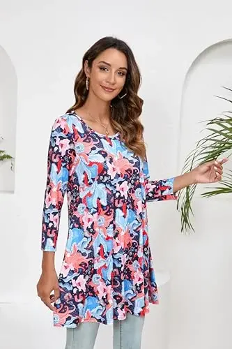 ENMAIN Tunic Tops for Women 3/4 Sleeve Plus Size Women's Tunics Loose Fit Floral Swing Flare Ladies Blouse for Leggings - 4