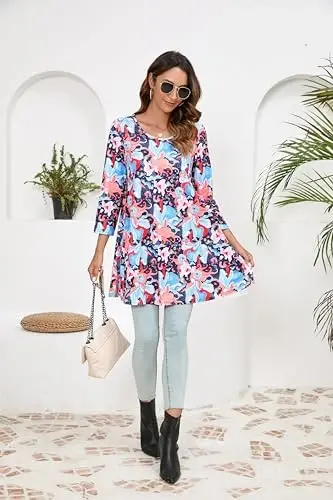 ENMAIN Tunic Tops for Women 3/4 Sleeve Plus Size Women's Tunics Loose Fit Floral Swing Flare Ladies Blouse for Leggings - 6