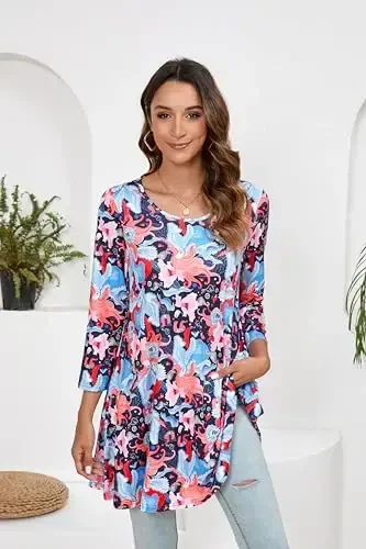 ENMAIN Tunic Tops for Women 3/4 Sleeve Plus Size Women's Tunics Loose Fit Floral Swing Flare Ladies Blouse for Leggings - 3