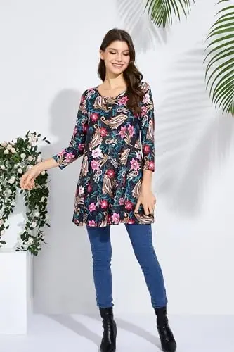 ENMAIN Tunic Tops for Women 3/4 Sleeve Plus Size Women's Tunics Loose Fit Floral Swing Flare Ladies Blouse for Leggings - 7