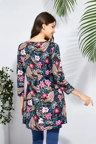 ENMAIN Tunic Tops for Women 3/4 Sleeve Plus Size Women's Tunics Loose Fit Floral Swing Flare Ladies Blouse for Leggings - ENMAIN (1)