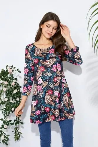 ENMAIN Tunic Tops for Women 3/4 Sleeve Plus Size Women's Tunics Loose Fit Floral Swing Flare Ladies Blouse for Leggings - 5