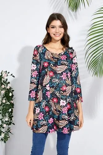 ENMAIN Tunic Tops for Women 3/4 Sleeve Plus Size Women's Tunics Loose Fit Floral Swing Flare Ladies Blouse for Leggings - 3
