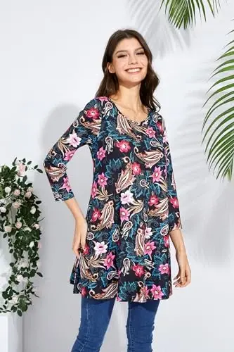ENMAIN Tunic Tops for Women 3/4 Sleeve Plus Size Women's Tunics Loose Fit Floral Swing Flare Ladies Blouse for Leggings - 4