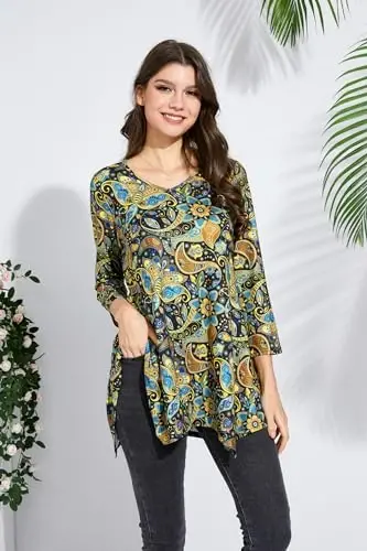 ENMAIN Tunic Tops for Women 3/4 Sleeve Plus Size Women's Tunics Loose Fit Floral Swing Flare Ladies Blouse for Leggings - 3