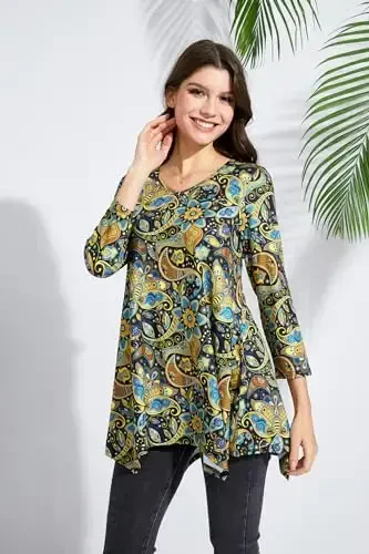 ENMAIN Tunic Tops for Women 3/4 Sleeve Plus Size Women's Tunics Loose Fit Floral Swing Flare Ladies Blouse for Leggings - 4