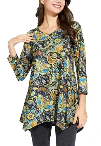ENMAIN Tunic Tops for Women 3/4 Sleeve Plus Size Women's Tunics Loose Fit Floral Swing Flare Ladies Blouse for Leggings 
