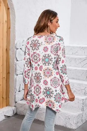 ENMAIN Tunic Tops for Women 3/4 Sleeve Plus Size Women's Tunics Loose Fit Floral Swing Flare Ladies Blouse for Leggings - 2